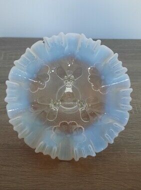 Dugan Daisy & Plume Opalescent Footed Dish Bowl Blue Tint Antique Art Glass